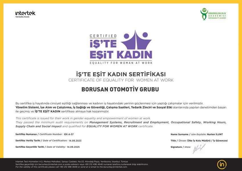 sertifika Borusan Otomotiv Grubu, 'İş'te Eşit Kadın Sertifikası' alan ilk otomotiv şirketi oldu