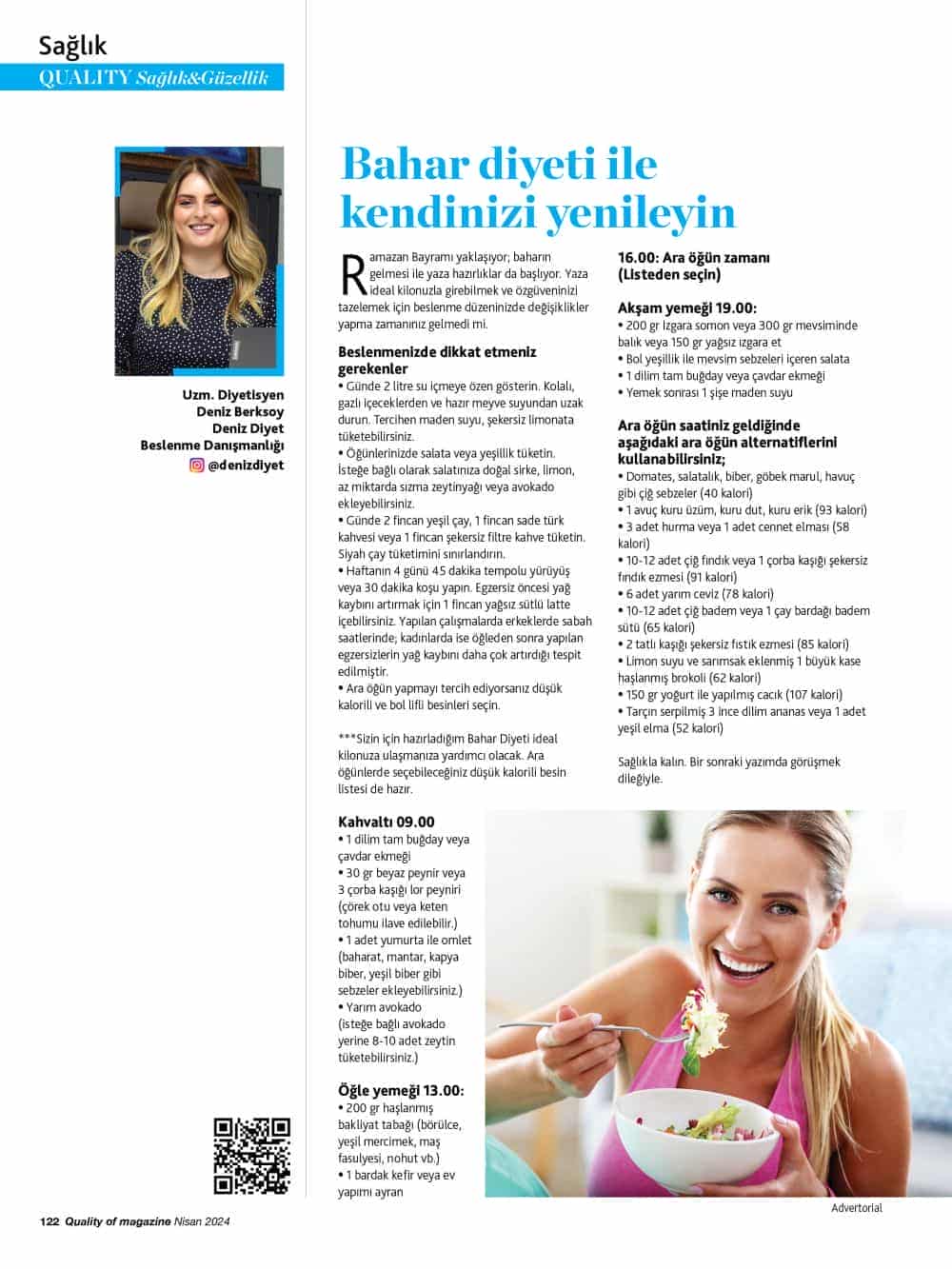 deniznisan Uzman diyetisyen Deniz Berksoy, bahar aylarına fit girmek isteyenlere özel tavsiyelerde bulundu